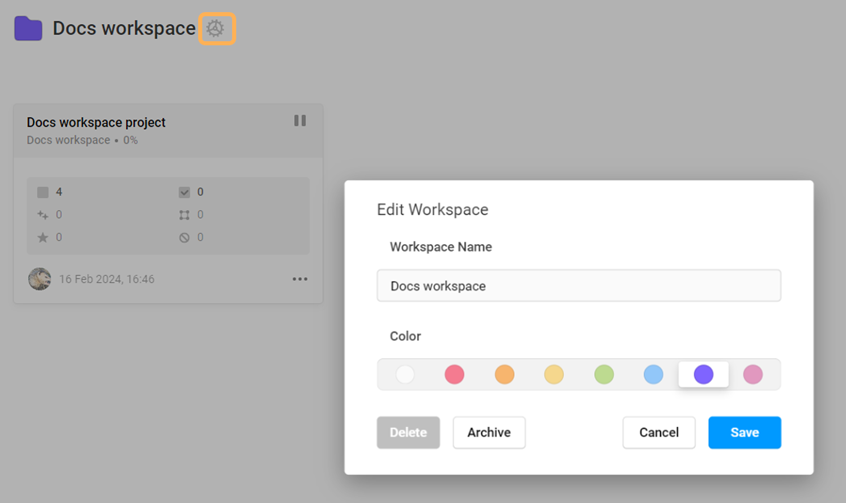 Screenshot of workspace menu